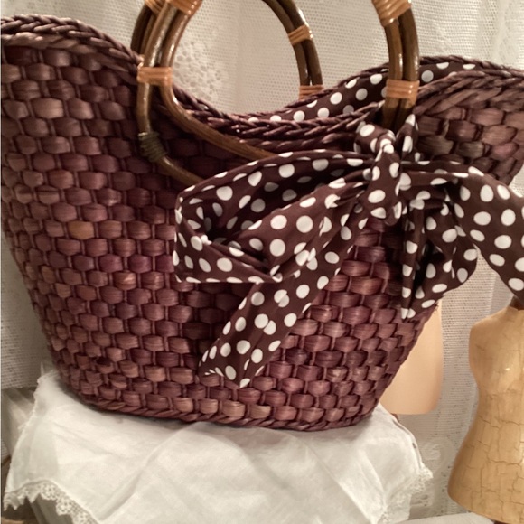 Straw Studios Woven Beach Tote Scalloped Top Sand Cover, Lined,Rattan Handle Lg - Picture 3 of 16